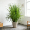 A tall potted artificial reed grass bouquet with long green blades in a neutral ceramic pot
