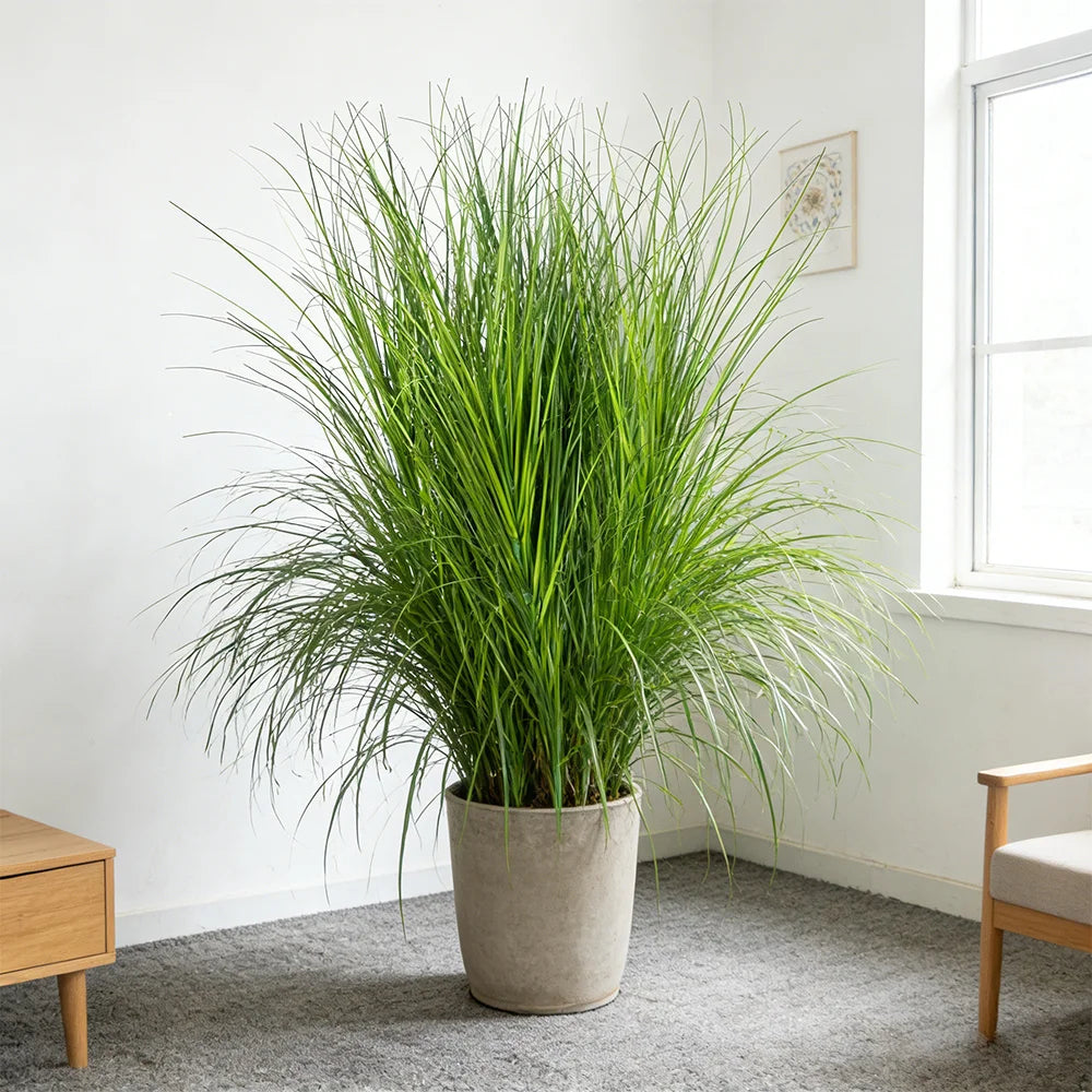 A tall potted artificial reed grass bouquet with long green blades in a neutral ceramic pot