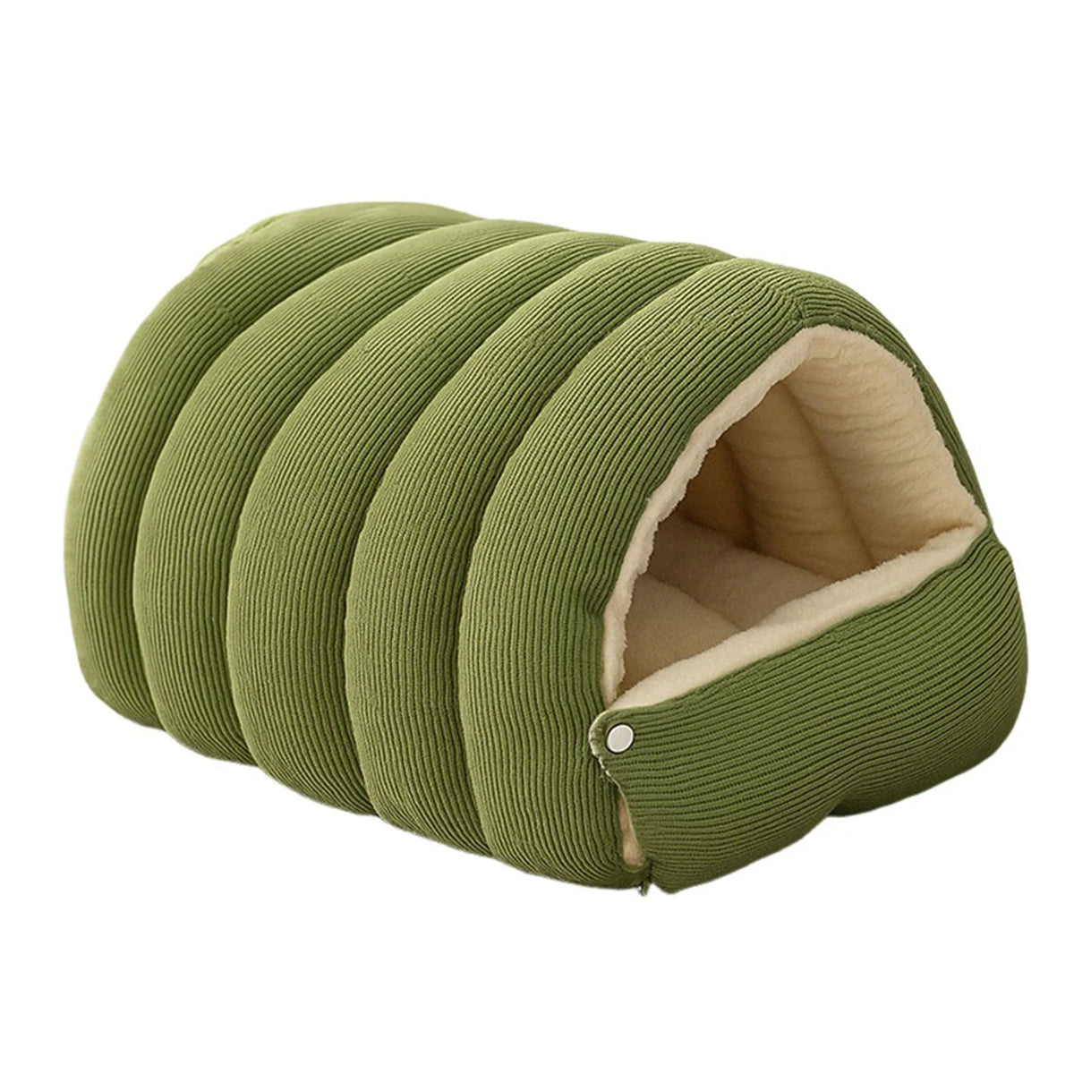 A green plush cat cave bed with a ribbed exterior and a removable beige lining.