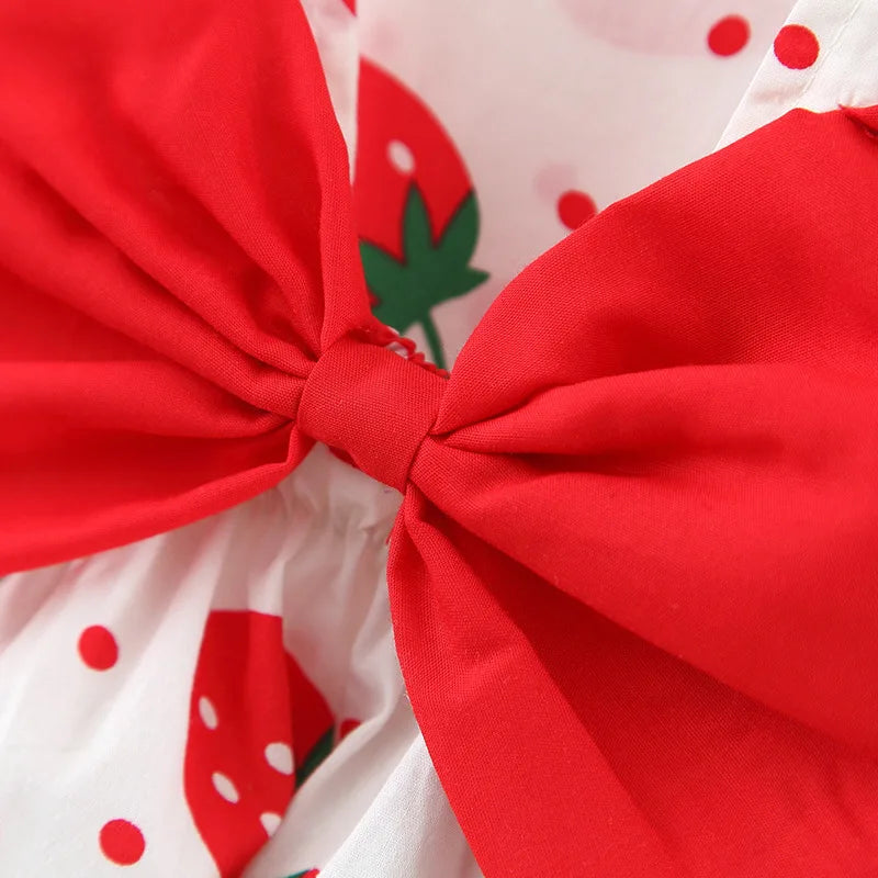 Rotes Schleifenmuster auf weißem Kleid mit Erdbeerprint für Mädchen