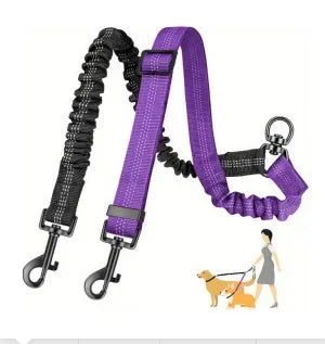 Purple and black dual dog leash attachment with shock-absorbing bungee shown next to a small dog.