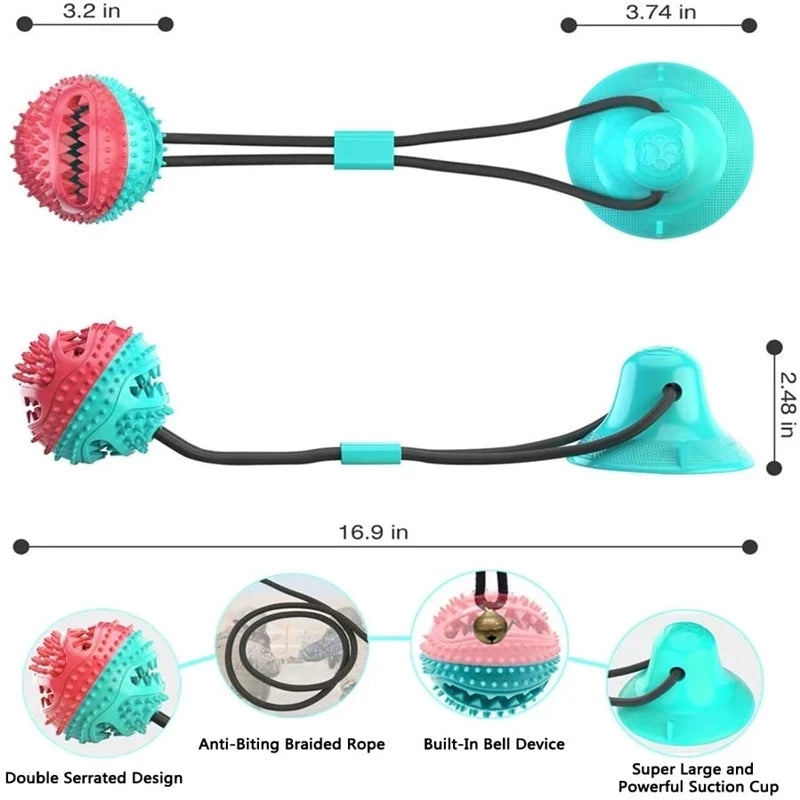 Interactive suction cup chew ball for dog dental care and play featuring a double serrated design