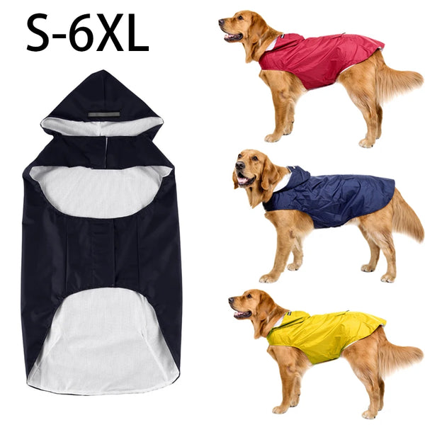 A set of three waterproof dog raincoats and hoodies in black, navy blue, and yellow for outdoor protection.