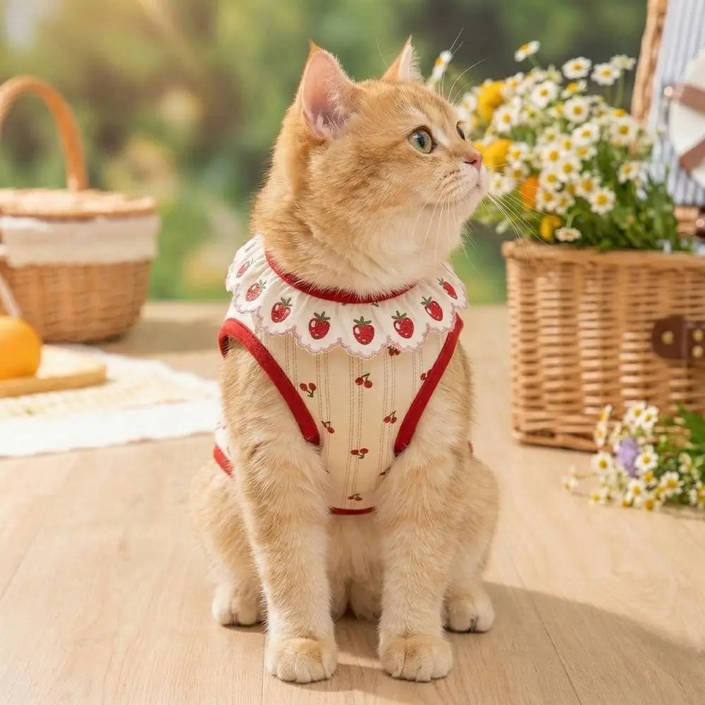 A fluffy orange tabby cat wearing a red and white ruffled strawberry print vest.
