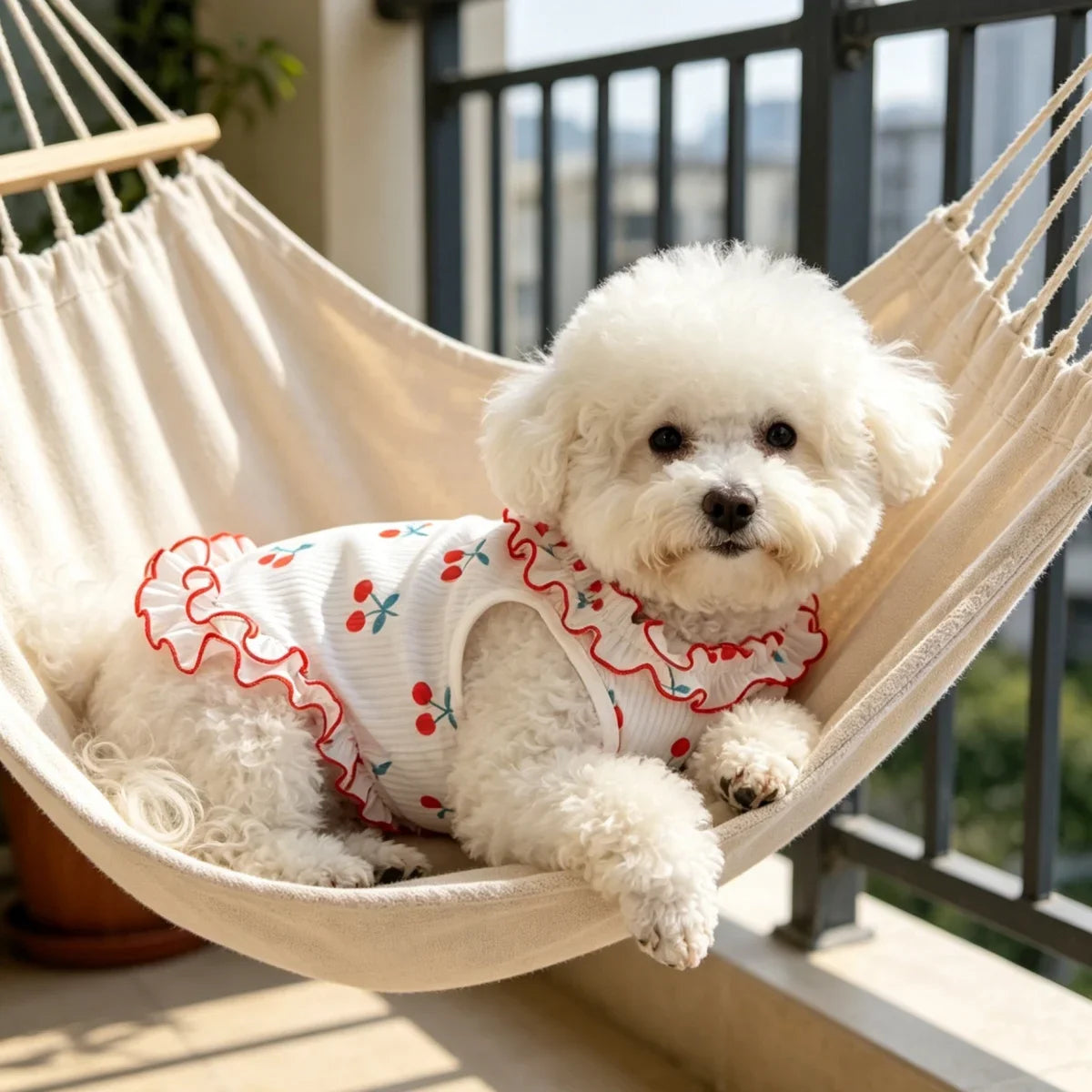 A fluffy white dog wearing a red cherry ruffle dress relaxing in a woven hammock.