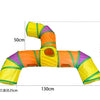 A yellow and green foldable cat play tunnel measuring 130cm long and 110cm high.