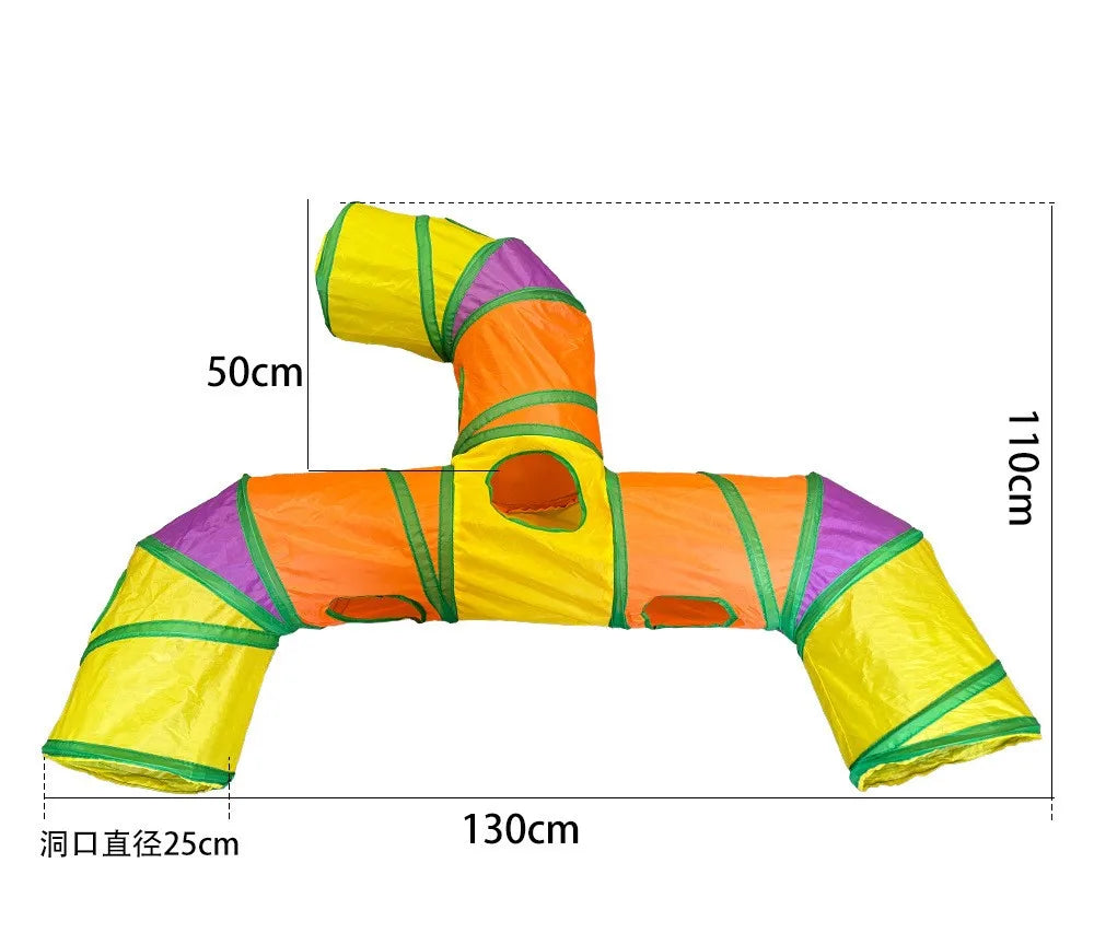A yellow and green foldable cat play tunnel measuring 130cm long and 110cm high.