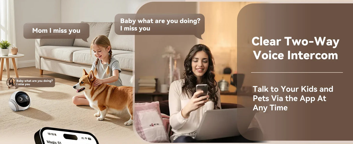 Una mujer habla con su perro usando un smartphone, cerca de un bebé, demostrando un sistema de intercomunicación bidirecciona