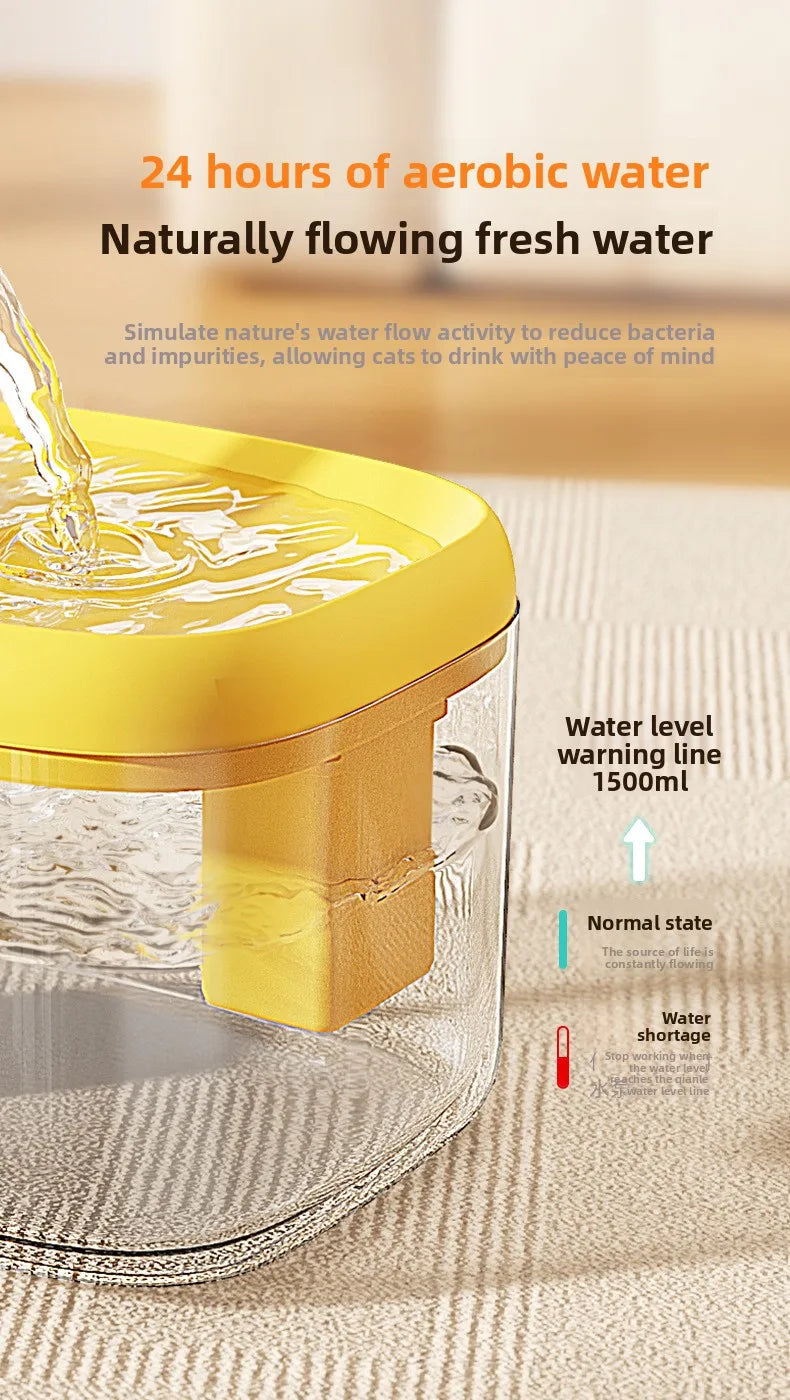 Fontaine à eau automatique jaune avec réservoir transparent et ligne d'avertissement du niveau normal.