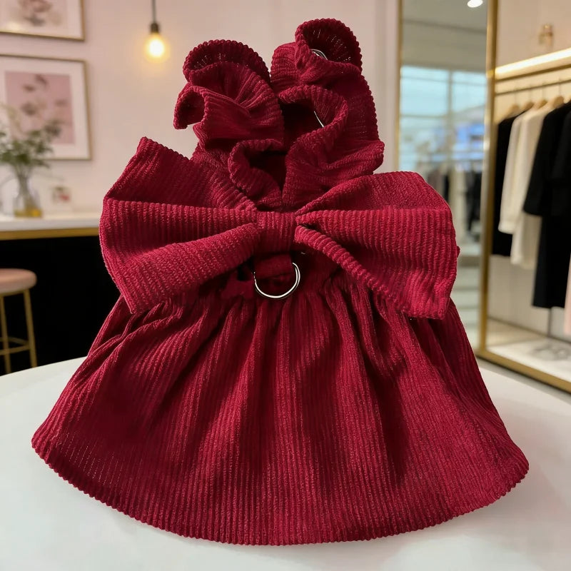 A deep red corduroy pet dress featuring a bow and ruffled skirt, displayed on a white surface.
