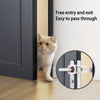 A cat is passing through a door with an adjustable latch mechanism, demonstrating free entry and exit.