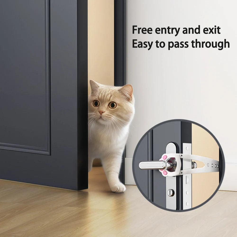 A cat is passing through a door with an adjustable latch mechanism, demonstrating free entry and exit.