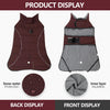 Display of a maroon and gray waterproof reflective dog winter coat showing front and back views and insulation details