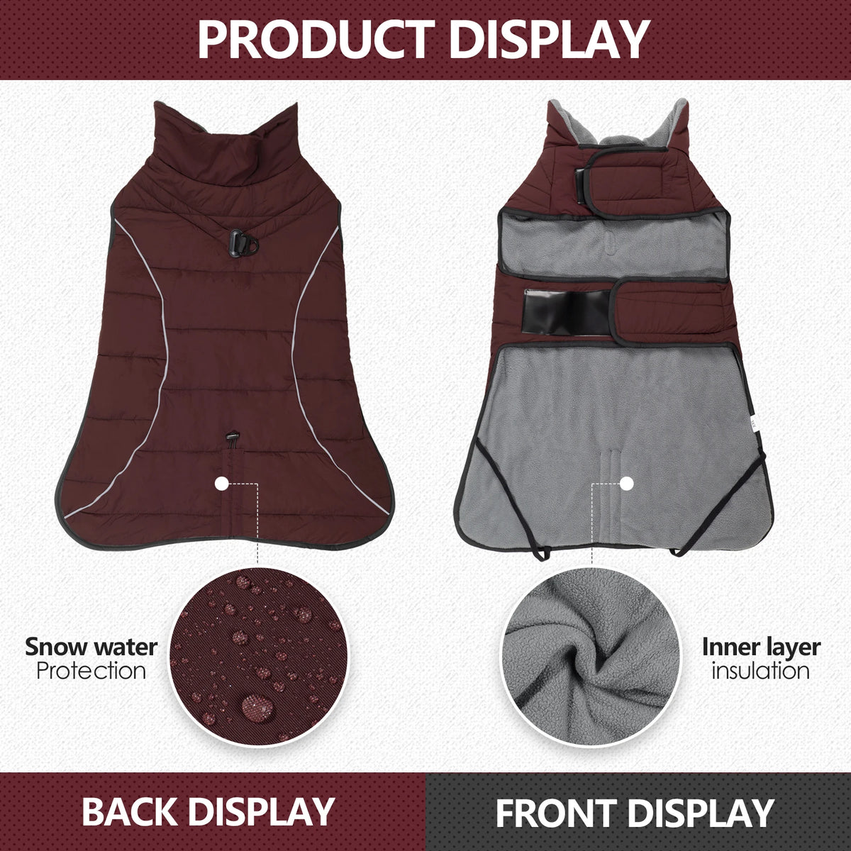 Display of a maroon and gray waterproof reflective dog winter coat showing front and back views and insulation details