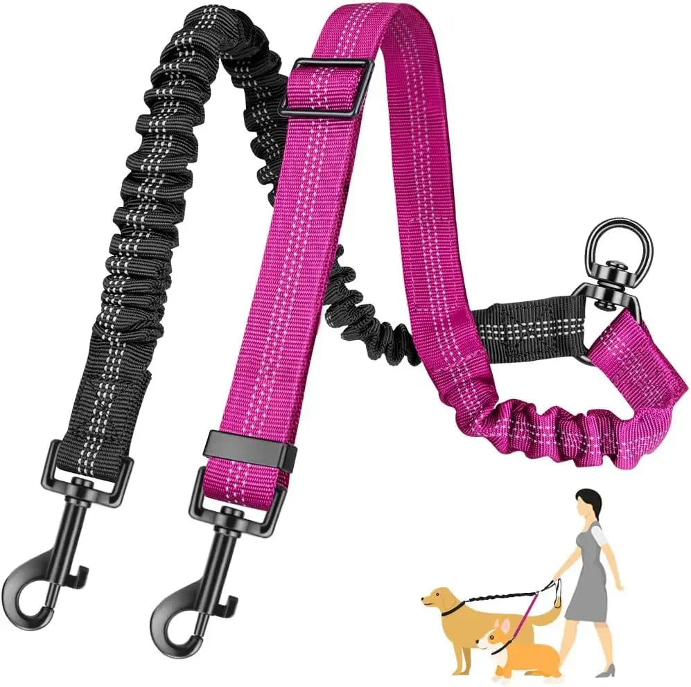 A pink and black dual dog leash attachment with a shock-absorbing bungee.