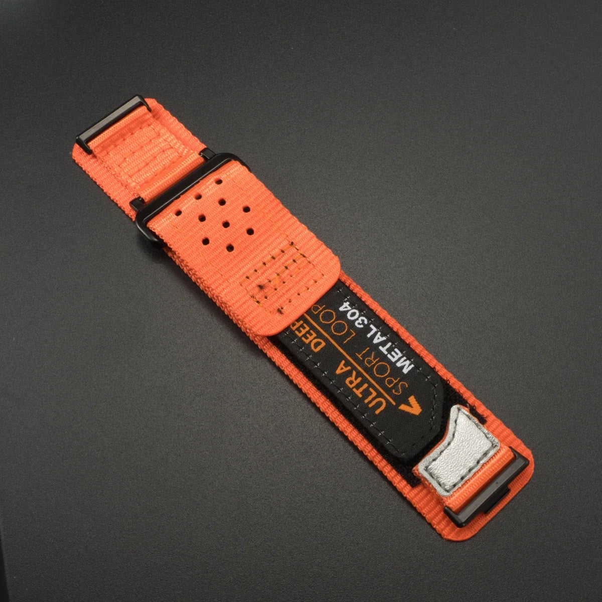 Orange breathable nylon sport band for a Huawei watch, shown diagonally on a dark background.