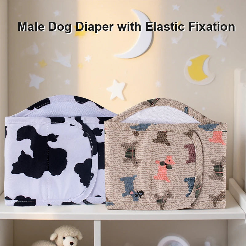 A white and black patterned male dog diaper with elastic fixation placed on a shelf.