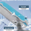 A close-up of a blue and gray pet hair remover brush demonstrating fine fluffing and two-way brushing for cleaning stubborn h
