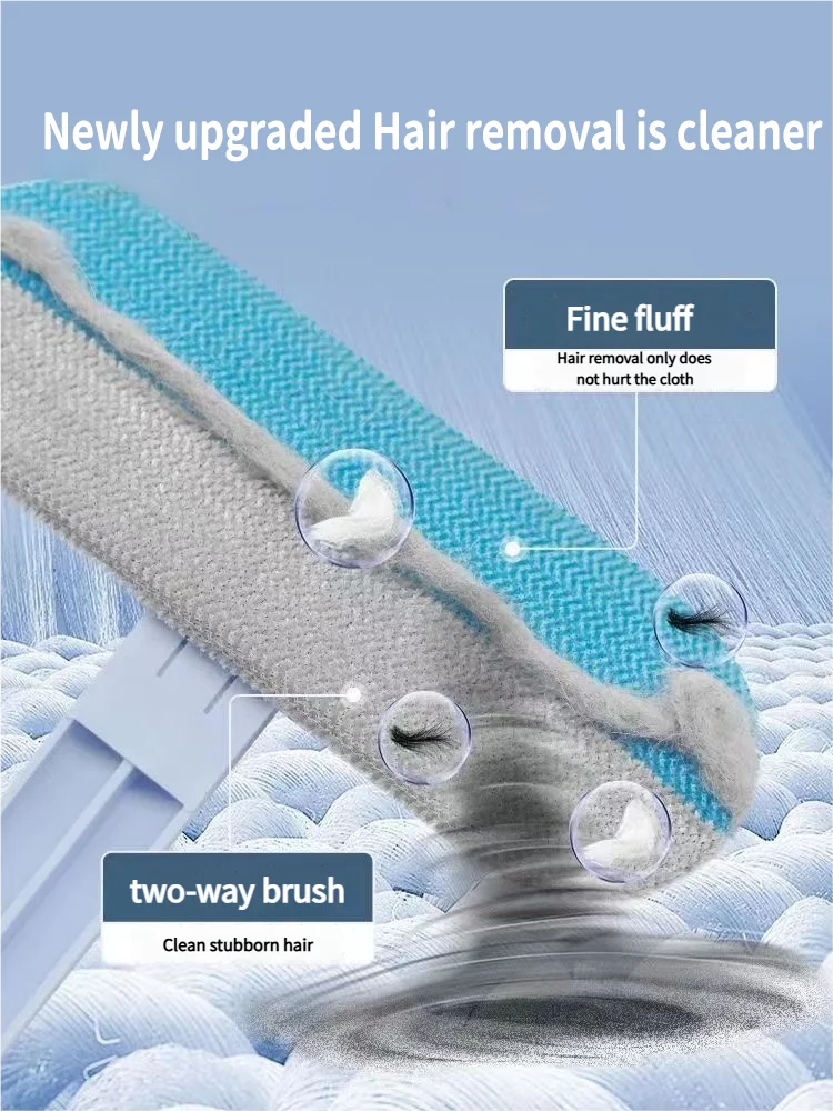A close-up of a blue and gray pet hair remover brush demonstrating fine fluffing and two-way brushing for cleaning stubborn h