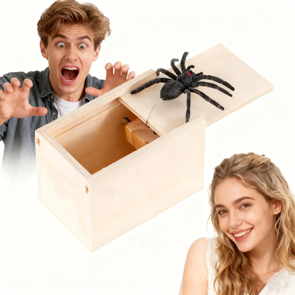 A man and a woman looking surprised while interacting with a wooden box containing a black spider.