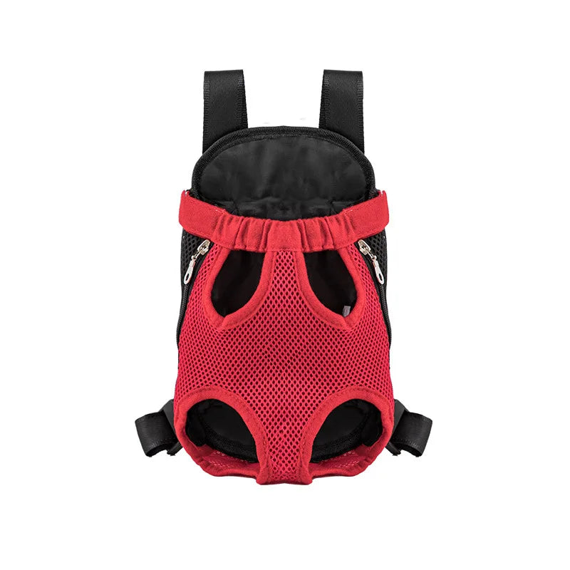 Sac à dos de transport pour animaux rouge respirant avec accents en maille noire et tissu.