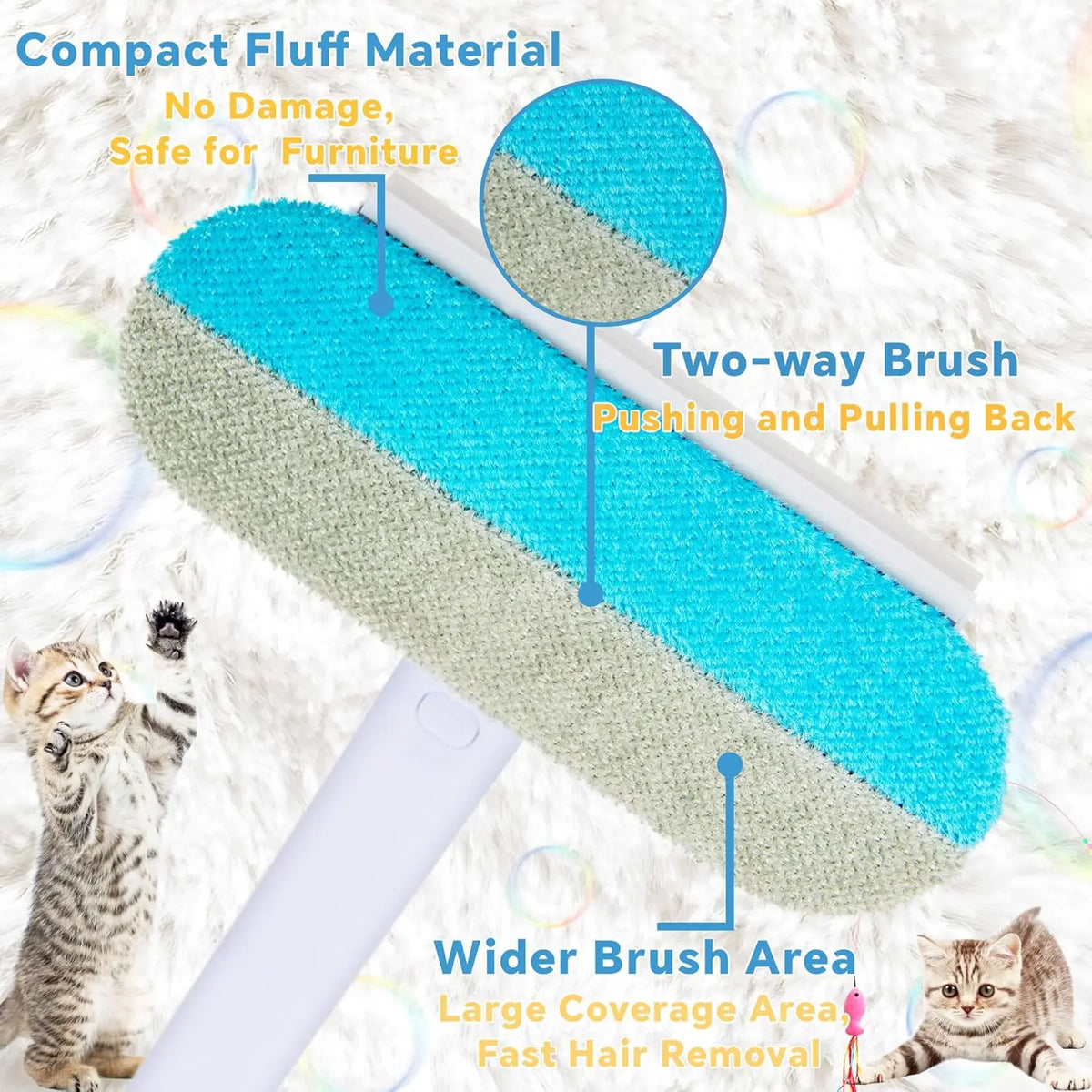 A two-way brush pet hair remover with a compact fluff material used for safe furniture cleaning and fast hair removal.