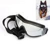 A pair of black durable dog eye protection sunglasses shown with a photo of a dog wearing them.