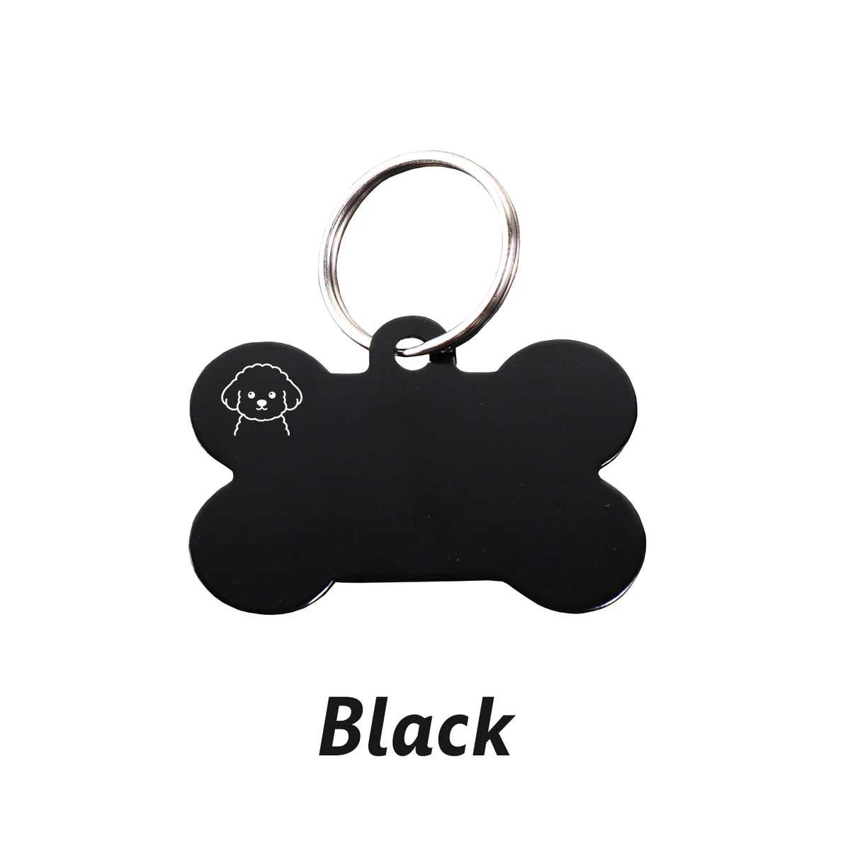 Black personalized bone-shaped dog ID tag with a metal loop.