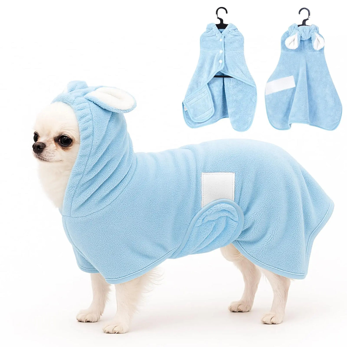 A light blue hooded pet bathrobe towel for a small dog standing on a white background.