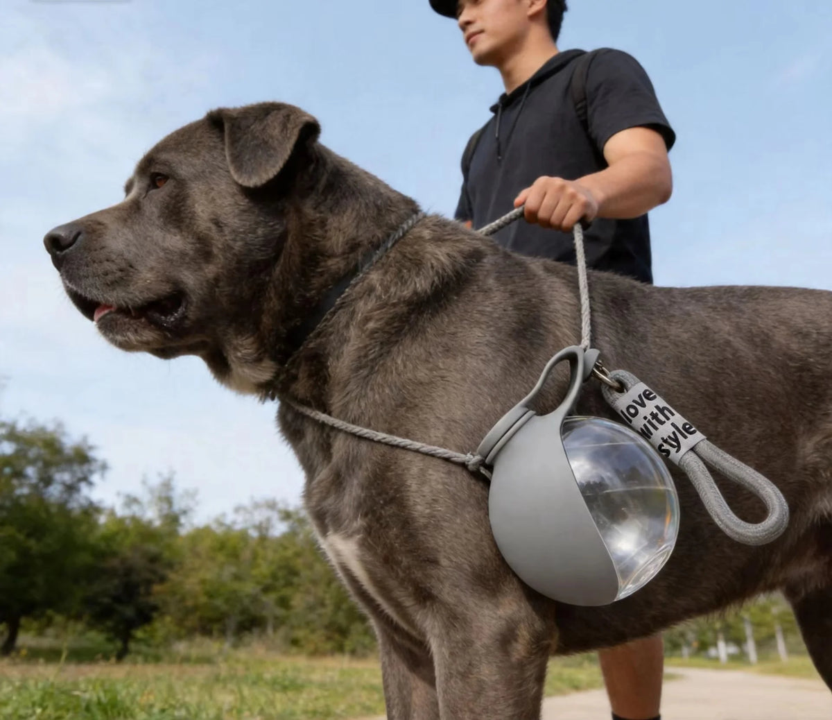 A gray dog wearing a portable pet water bottle with a lanyard on its collar outdoors.