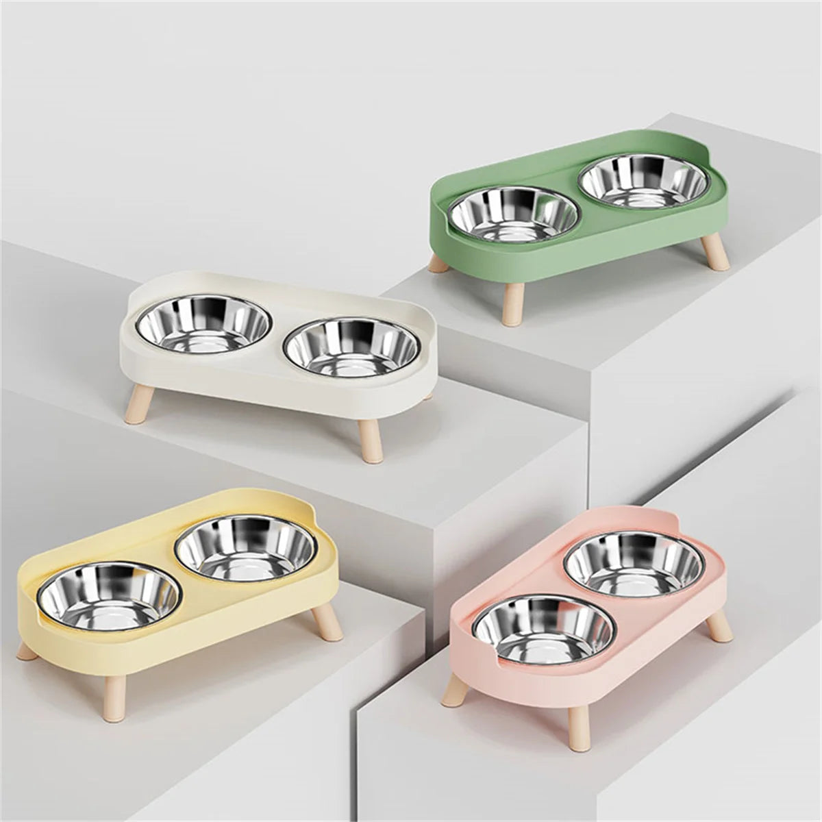 Stainless steel double bowl for dogs and cats in various pastel colors