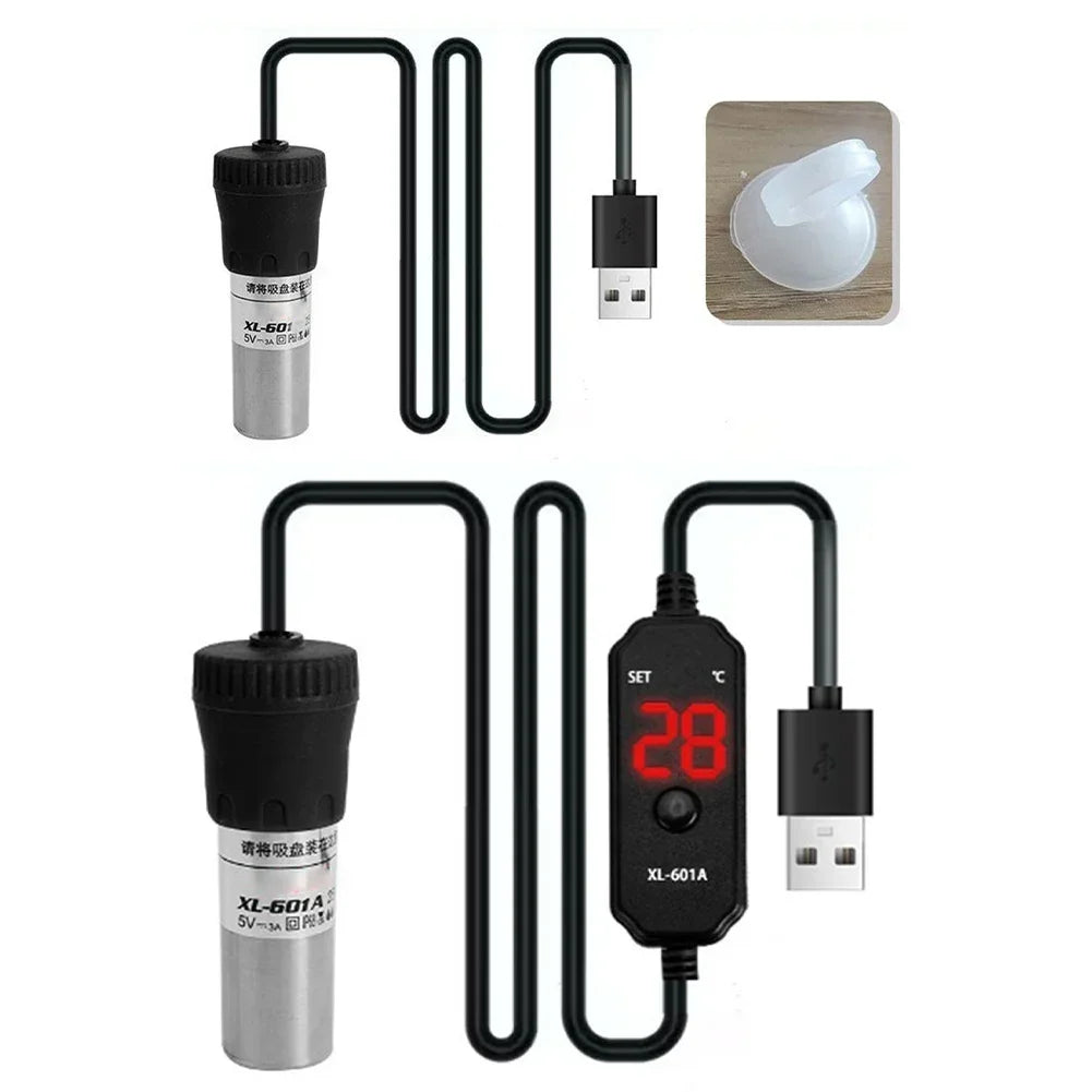 Juego de calentadores para acuarios USB ajustables, incluyendo modelos XL-601 y XL-601A.