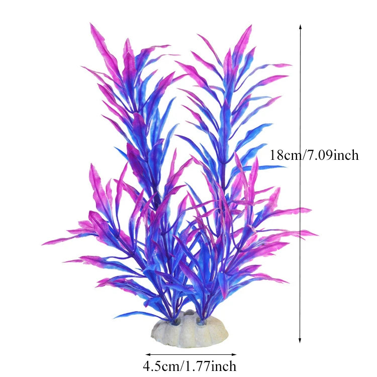 Illustration aquarelle de plantes décoratives aquatiques artificielles aux feuillages violets et bleus vibrants.