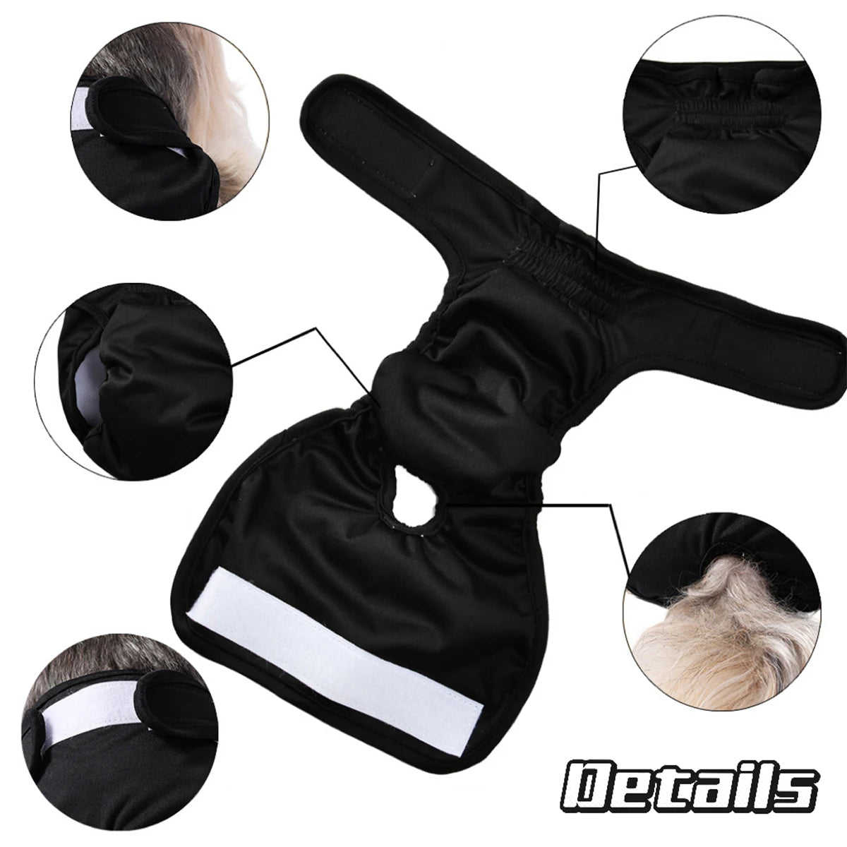 Calzoncillos sanitarios reutilizables y a prueba de fugas negros para perros, mostrados desde varios ángulos y detalles