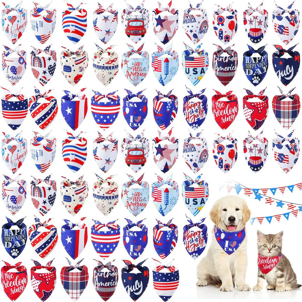 A collection of 30 patriotic dog and cat bandanas featuring American flags, stars, and stripes.