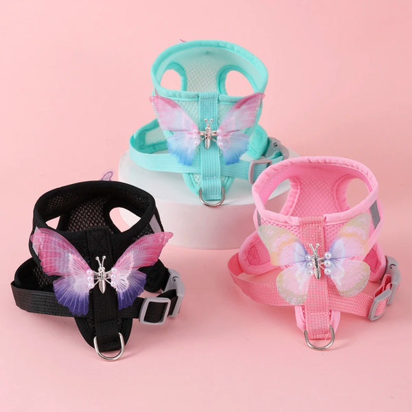A set of pink and teal butterfly pet harnesses for dogs and cats.