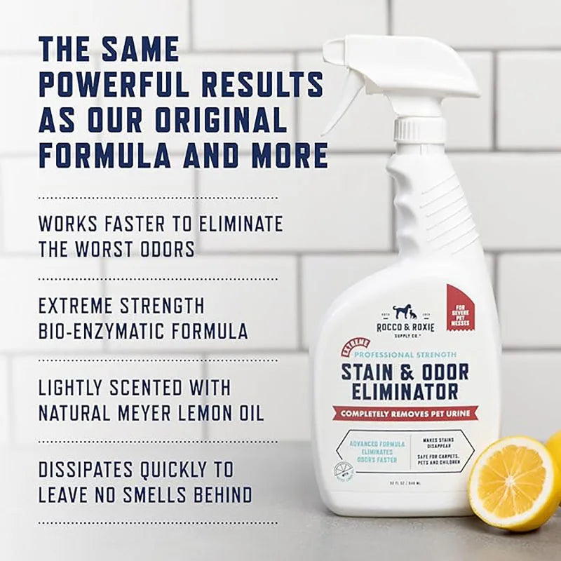 A white spray bottle of Pet Enzyme Stain & Odor Eliminator is shown against a white subway tile background.