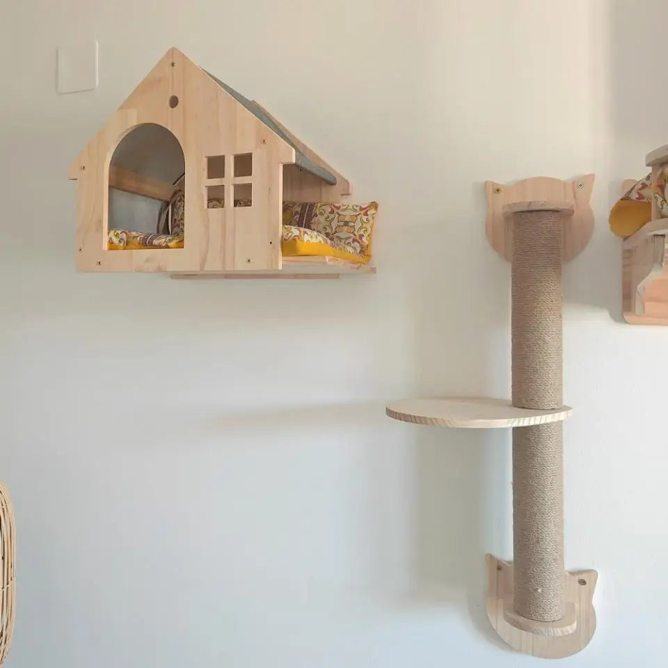 Wooden modular cat wall shelves featuring a house shape with an arched entrance and a cylindrical shelf.