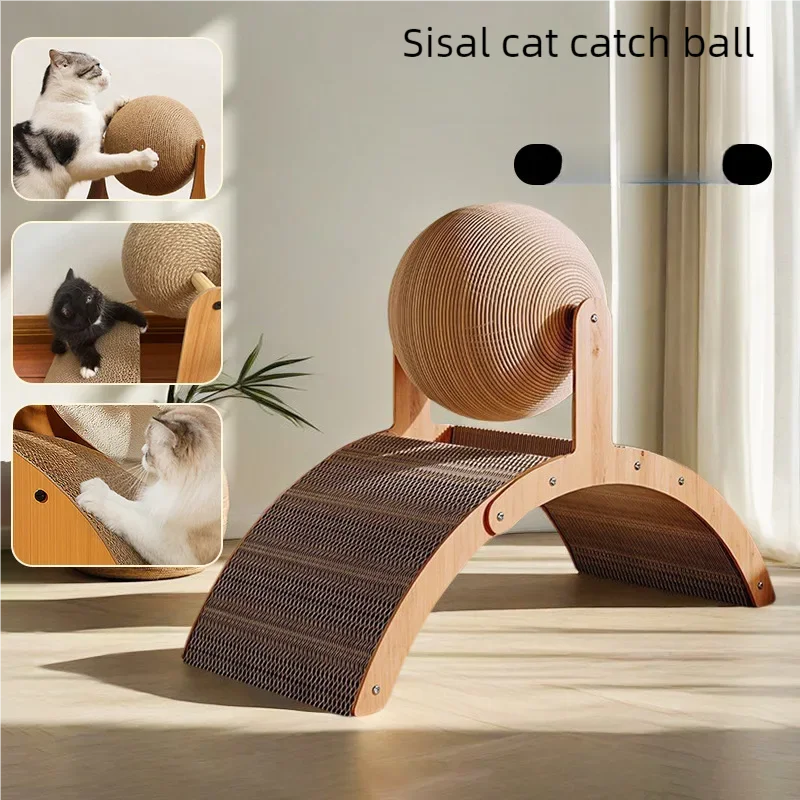 Holz-Katzenkratball und Sisalbrett, ein doppeltes Kratzspielzeug für Katzen.