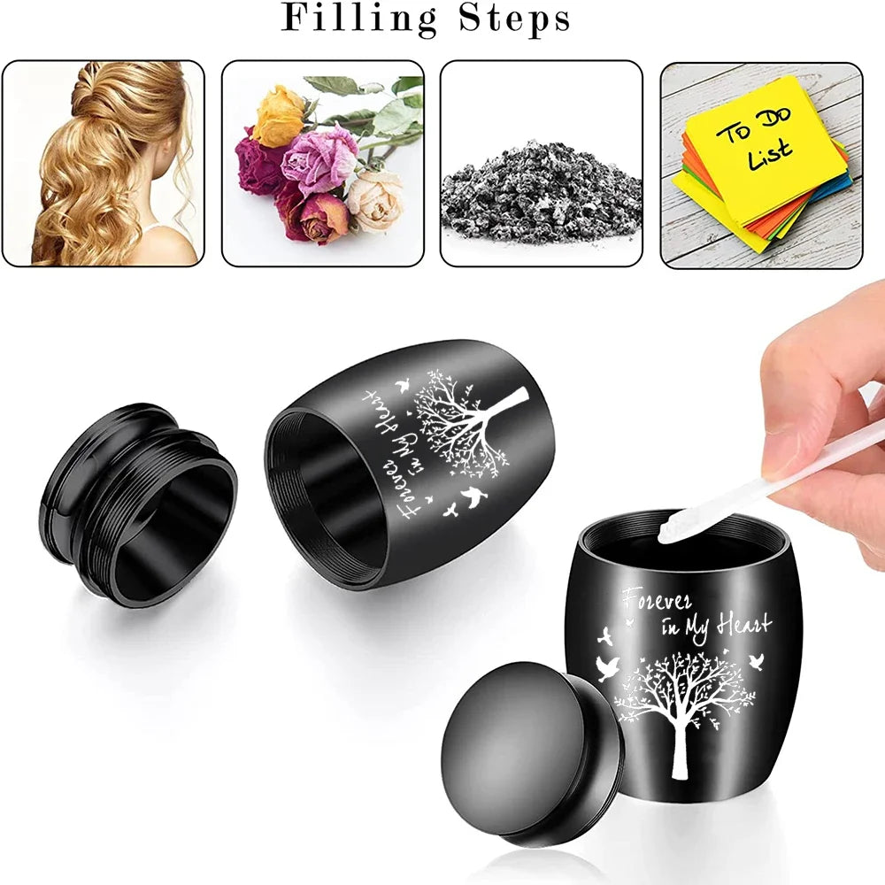 Urne souvenir en aluminium noir avec un motif d'arbre et un couvercle, montrée à côté de différentes étapes de remplissage.