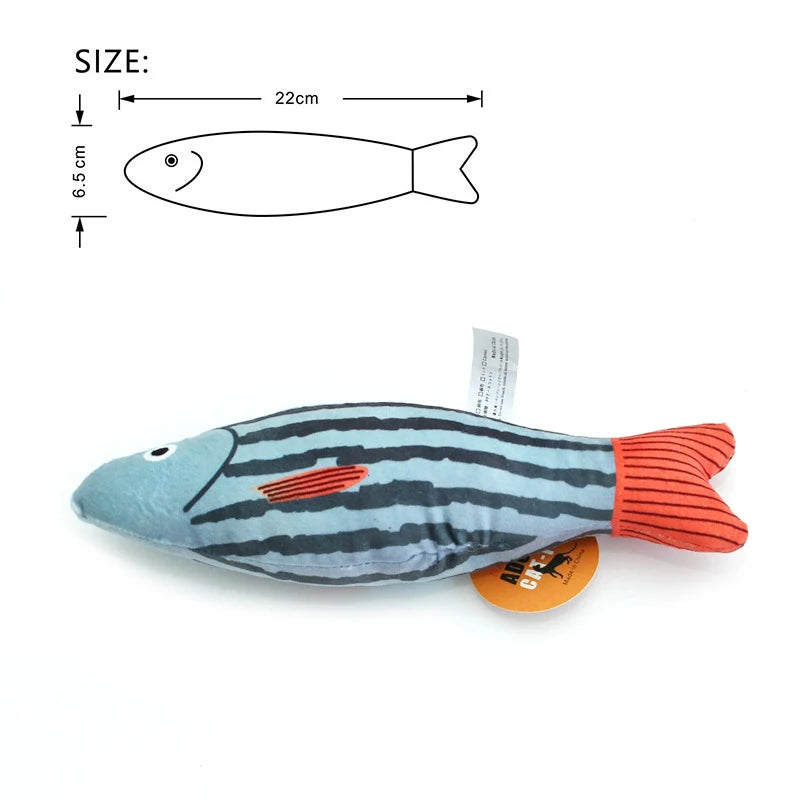 A flat, striped blue and black fish plush toy for cats, shown with a dimension guide.