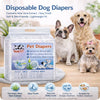 Box of disposable pet diapers containing aloe vera extract for dogs, shown next to a golden retriever and a pug.