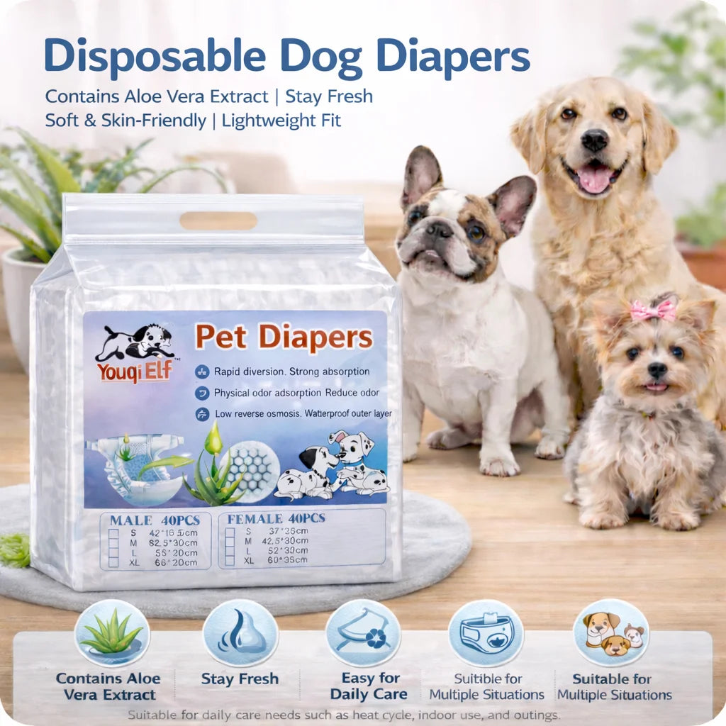 Box of disposable pet diapers containing aloe vera extract for dogs, shown next to a golden retriever and a pug.