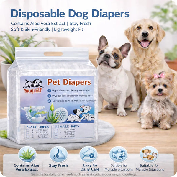 Box of disposable pet diapers containing aloe vera extract for dogs, shown next to a golden retriever and a pug.