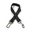 Black nylon dog seat belt harness with adjustable buckles and reflective features