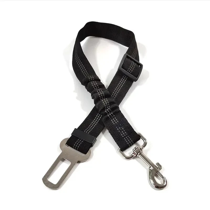 Black nylon dog seat belt harness with adjustable buckles and reflective features