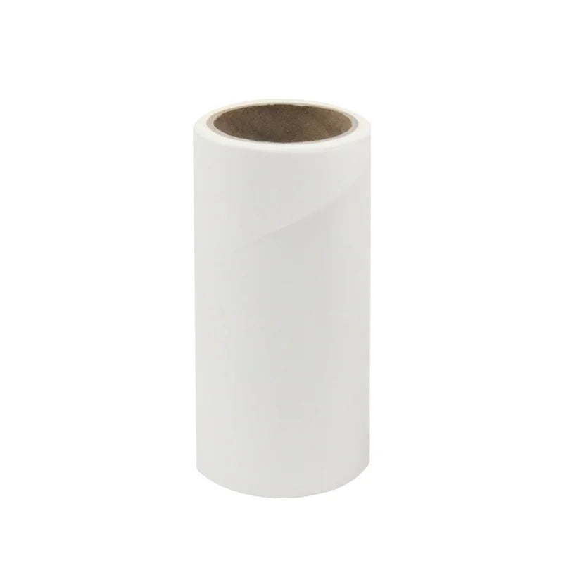 A roll of white heavy-duty lint roller for pet hair removal.