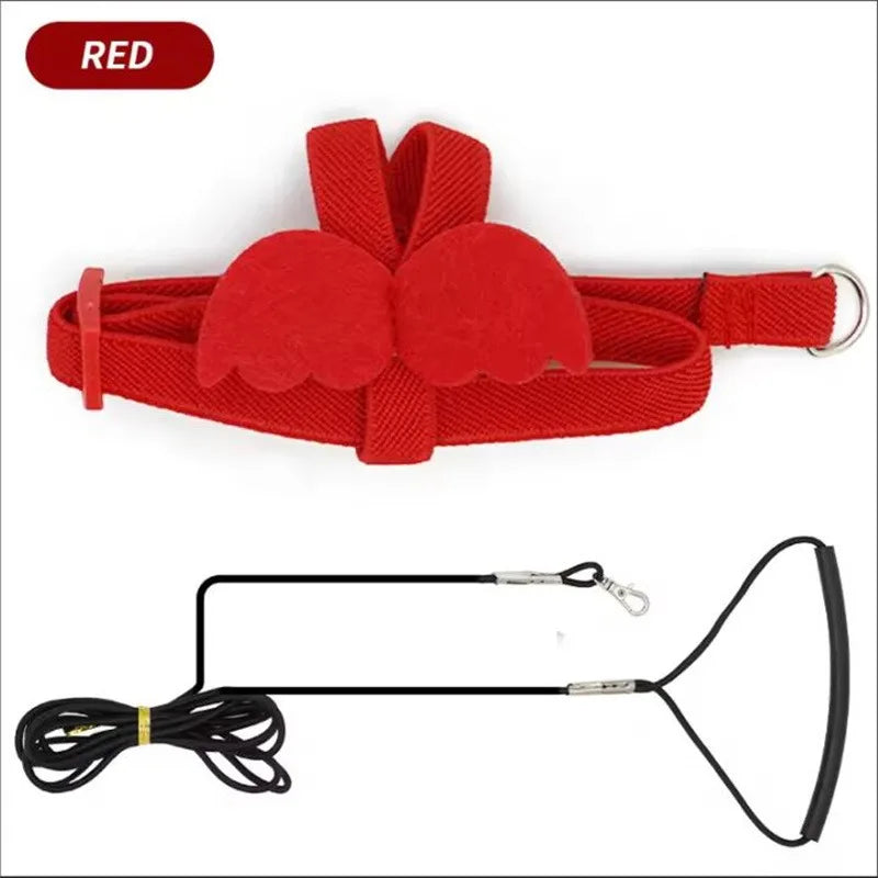Red parrot bird harness and leash set with a fabric bird shape