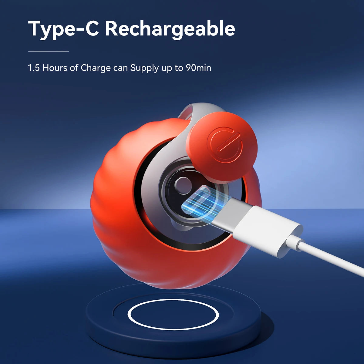A red, spherical Type-C rechargeable cat toy ball is shown with a white charging cable resting on a blue surface.