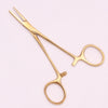A pair of gold-toned stainless steel pet forceps with fine tips and a small clamp.